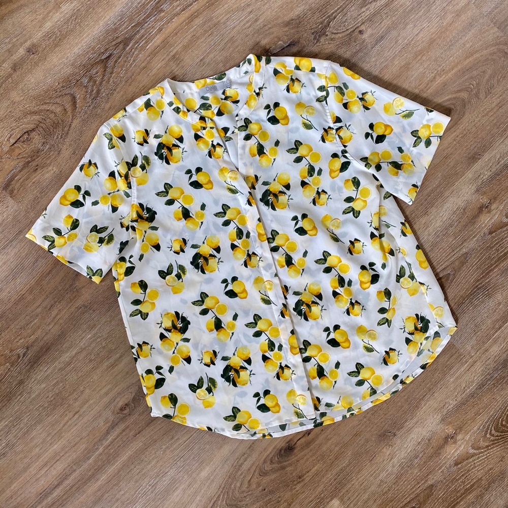 Lemon Print Button Up Short Sleeve Top